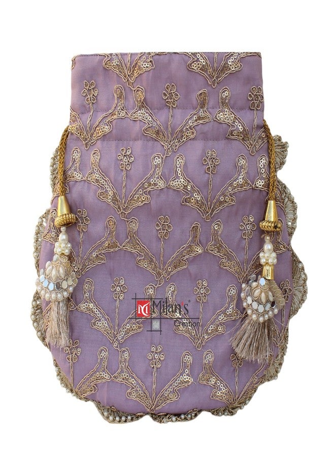 MILAN'S CREATION Fancy Potli Bag Golden Embroidery Shimmer Silk Designer Purse Drawstring Purse With Pearl Handle & Tassel | Ladies Women’s Handbag | Party Wedding Festival Giveaways Gift (Violet) - Image 5